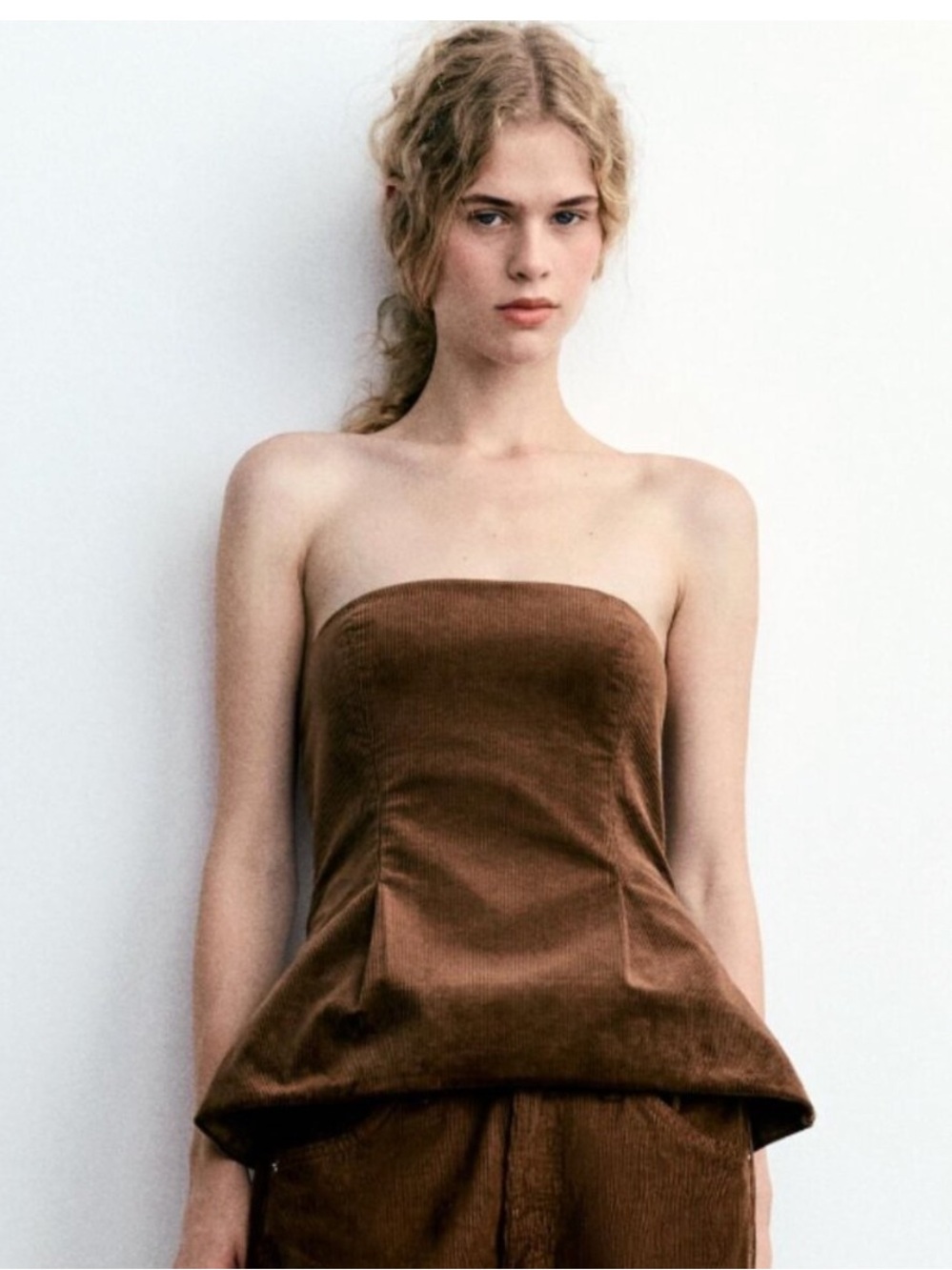 Zara Chocolate Brown Strapless Corduroy Top